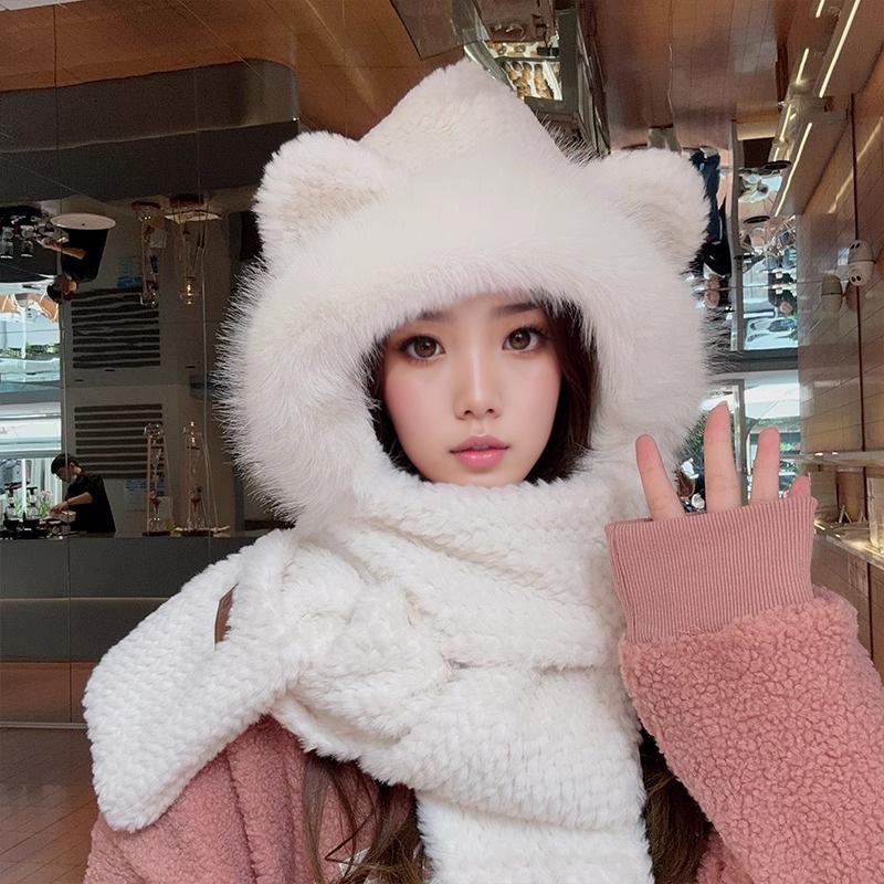 

Очаровательный комплект из шапки, перчаток и шарфа с медведем — женский плюшевый зимний теплый комплект для велоспорта на открытом воздухе