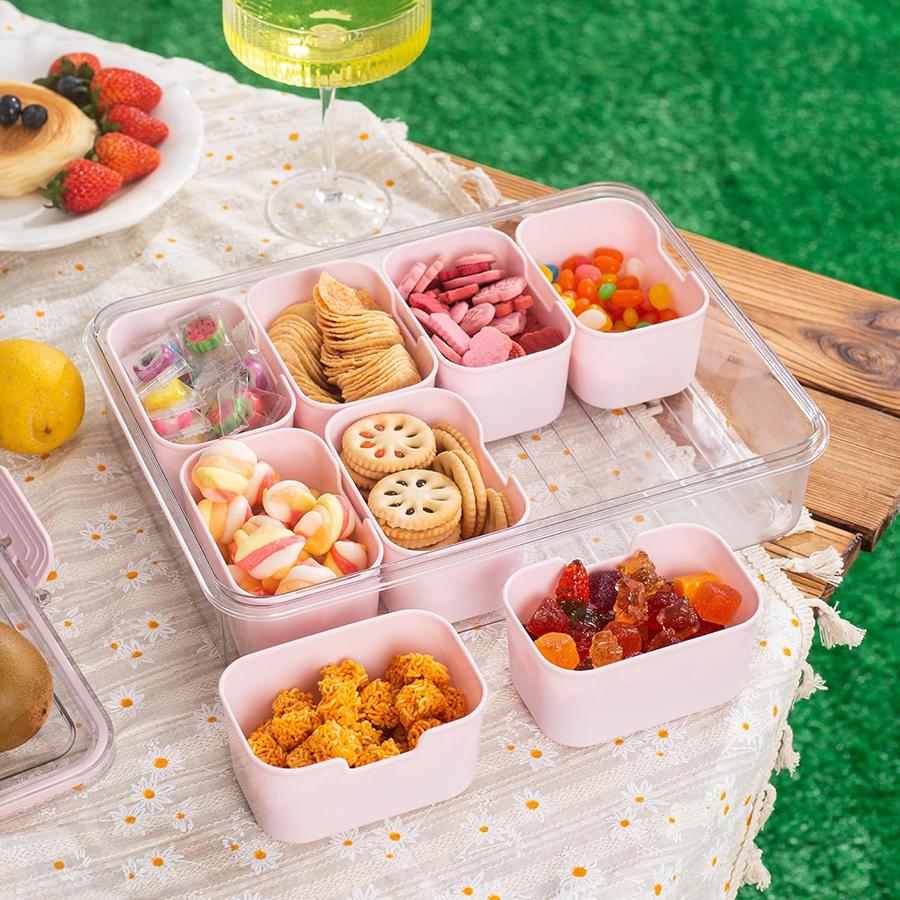 Snack Box Container,Divided Serving Tray with Lid and Handle,Snackle Box Charcuterie Container,Portable Snack Container Storage