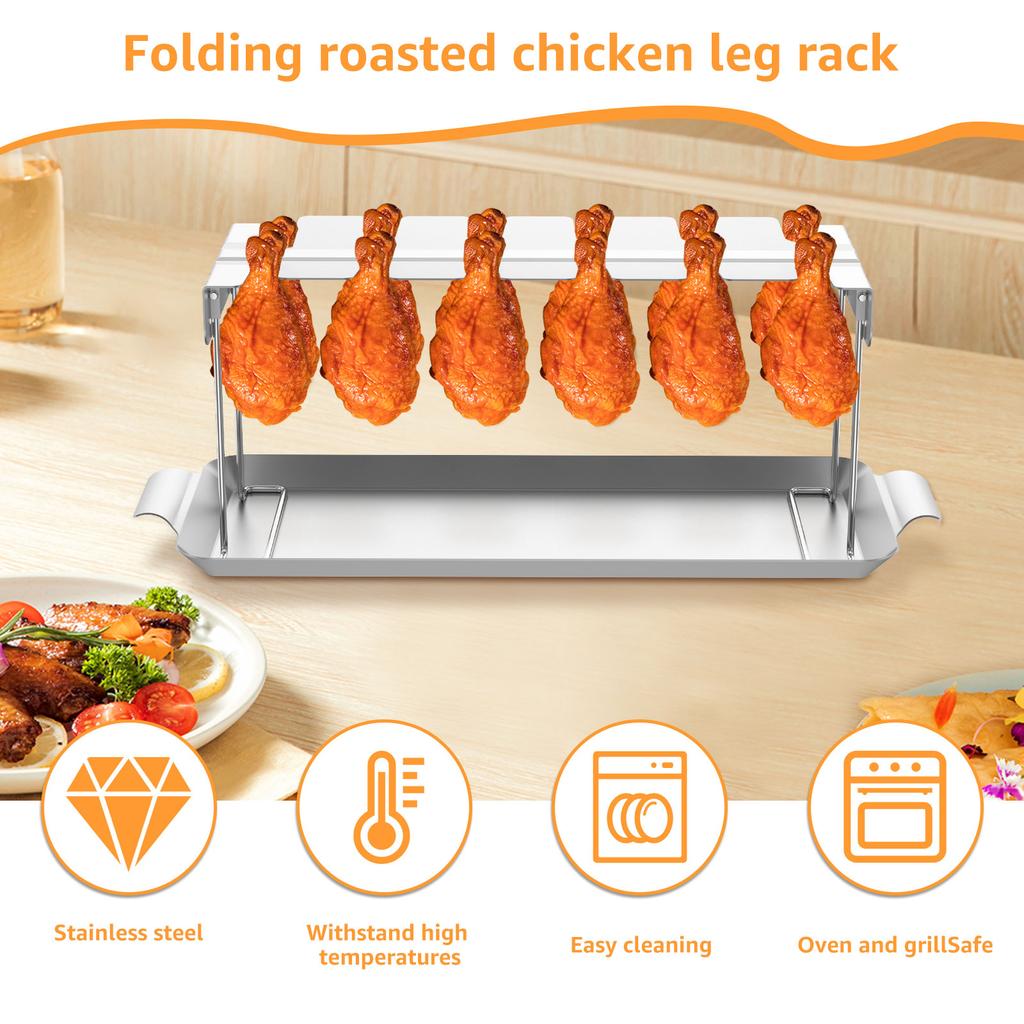 Chicken Leg Rack for Grill 12 Slots Stainless Steel Chicken Wing Rack with Drip Trays Folding Chicken Drumstick Racks for Picnic