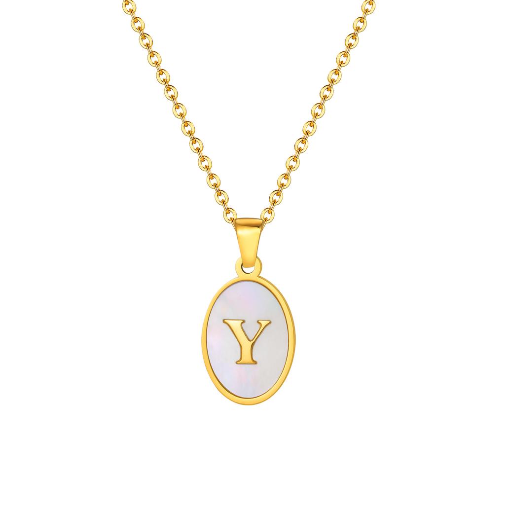 Stainless Steel Oval White Shell Letter A-Z Initial Pendant for Women,Gold Plated 26 Letters Necklaces,Trendy Jewelry Gift