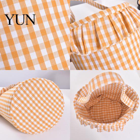 Easter Egg Hunt Carriers Halloween Basket, Plaid Ruffle Trick or Treat Candy Bucket with Handle Cloth Gift Bags for Birthdays Kids, Reusable