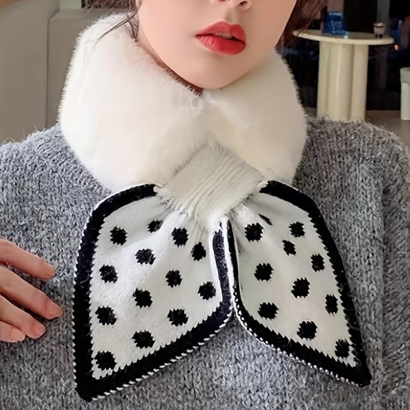 Women Autumn Winter Scarf Dot Print Patchwork Color Plush Shawl Knitting Cross Scarf Collar Thick Neck Wrap