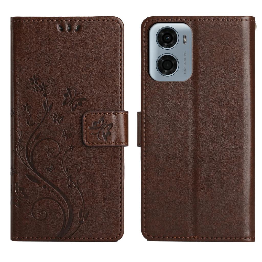 Skórzane etui portfelowe dla Motorola Moto G05 4G z nadrukiem motyla i kwiatów, pokrowiec na telefon ze smyczą