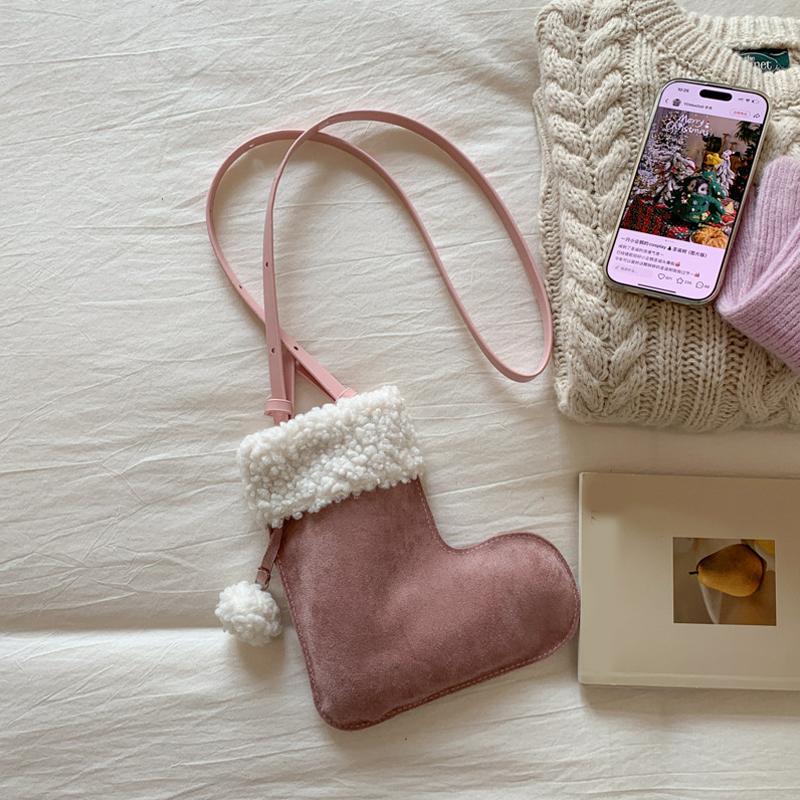 Portable Simple Style Suede Crossbody Bag Fluffy Lightweight Lamb Shoulder Bag Travel Christmas Sock Bag Women