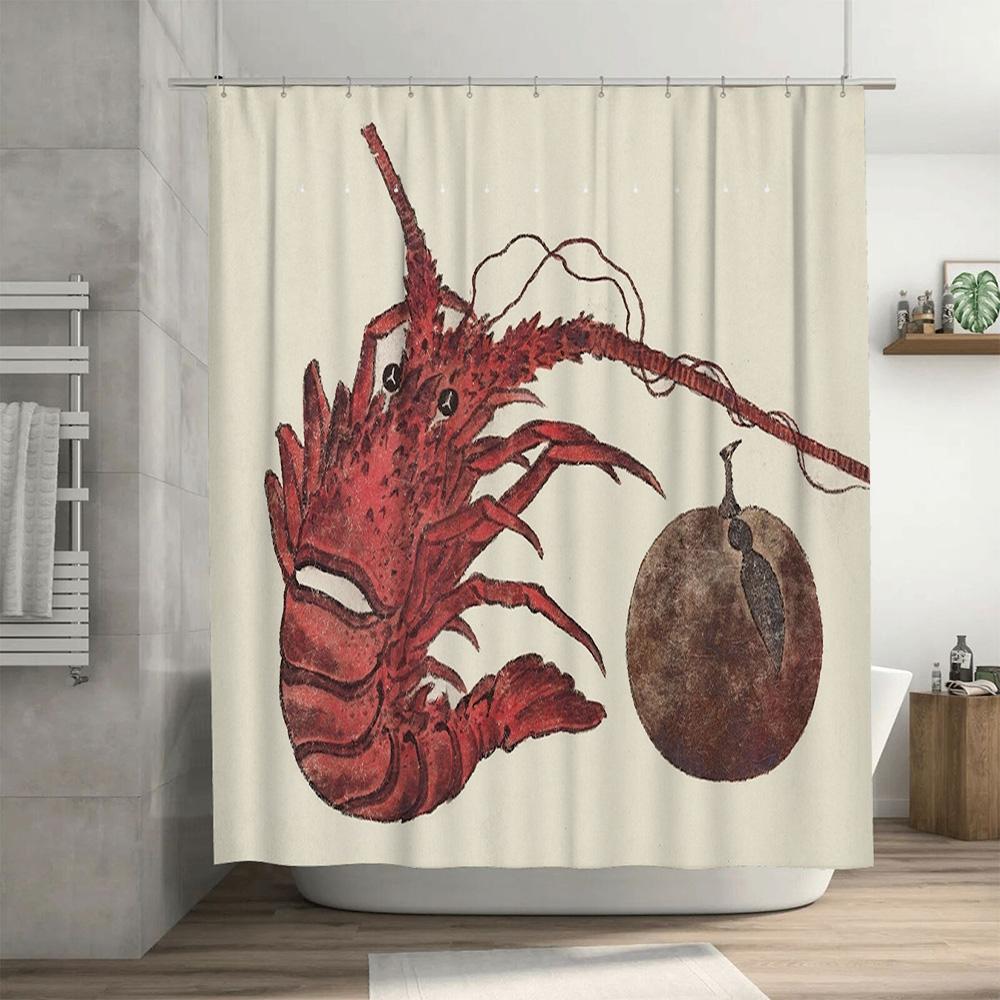 Unique Red Lobster Shower Curtain Rustic Kitchen Decor Fish Bath Mat Set with Coconut Design Waterproof Fabric for Bathroom Deco