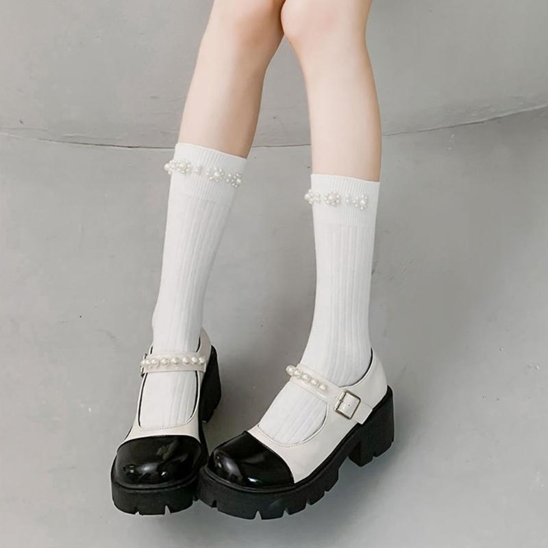 Simple Pearl Knee High Socks Cotton Calf Socks Sweet Knee High Stockings Lolitas Princess Socks for Womens Girls Gifts