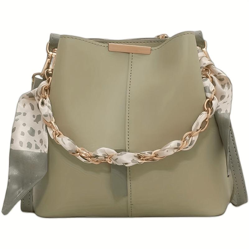 Elegant Bucket Bag with Adjustable Strap, Golden-Tone Zipper Closure & Decorative Chain Strap, Minimalist Style for Women, Versatile Bag