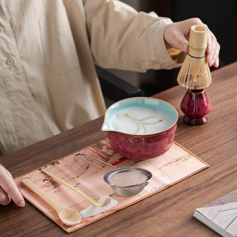 Set Bol Nou de Ceai Matcha din Ceramică cu Cioc de Turnare, Suport Reutilizabil pentru Tel de Ceai, Bol pentru Ceai Verde Japonez Handmade de Calitate Alimentară