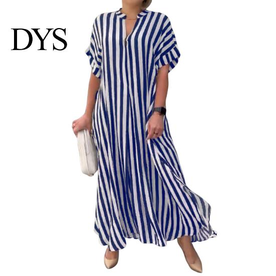 Lightweight Summer Dress Women Striped Print Color Matching V Neck Short Sleeves Loose Lady Maxi A-line Side Split Commute Casual Long Sleeve