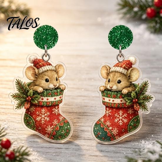 Holiday Party Accessories 1 Pair Cute Christmas Mouse Acrylic Earrings, 2D Flat Cartoon Animal Dangle Earrings Drop for Women, Glitter Star