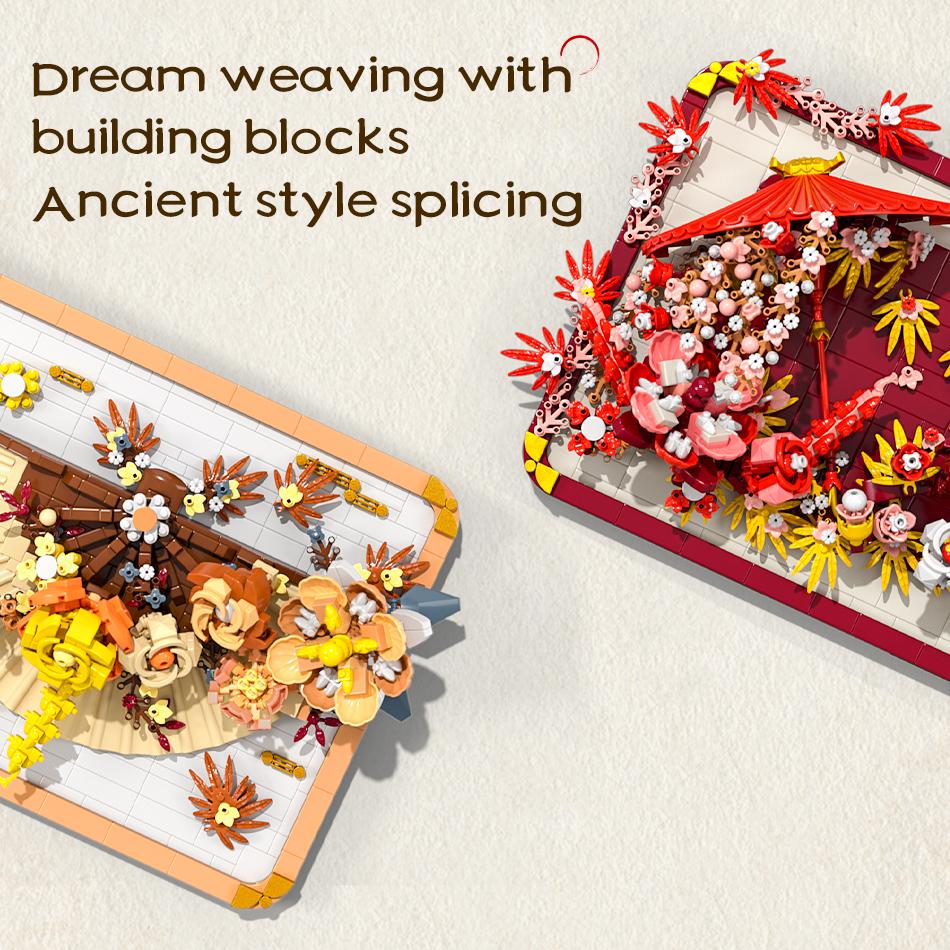Chinese Style 3D Scroll Building Block Sets Educational Toys Flower Bricks New Year Gifts Tabletop Decoration