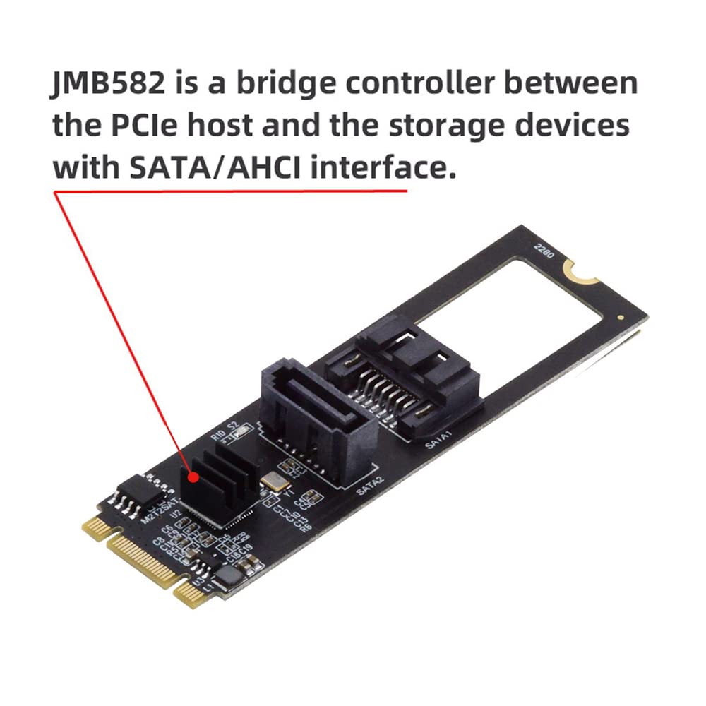 NFHK NGFF Key B+M PCI Express to SATA 3.0 6Gbps Dual Port VerticalHorizontal Adapter Converter Hard Drive Expansion Card JMB582 2280