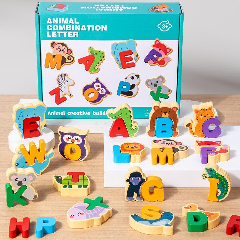 Wooden Children'S Cartoon Animals 26 Letter Capital Words Cognition Early Education Puzzle Toys