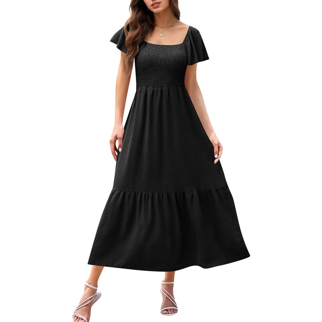 Abito Maxi Casual da Donna alla Moda Scollo Quadrato Maniche a Campana Abito con Volant e Tasche