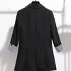 3/4 Sleeve Striped Patchwork Cuff Pockets Women Blazer Solid Color Lapel Single Button Thin Suit Coat Workwear