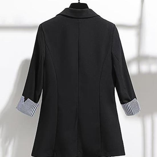 3/4 Sleeve Striped Patchwork Cuff Pockets Women Blazer Solid Color Lapel Single Button Thin Suit Coat Workwear