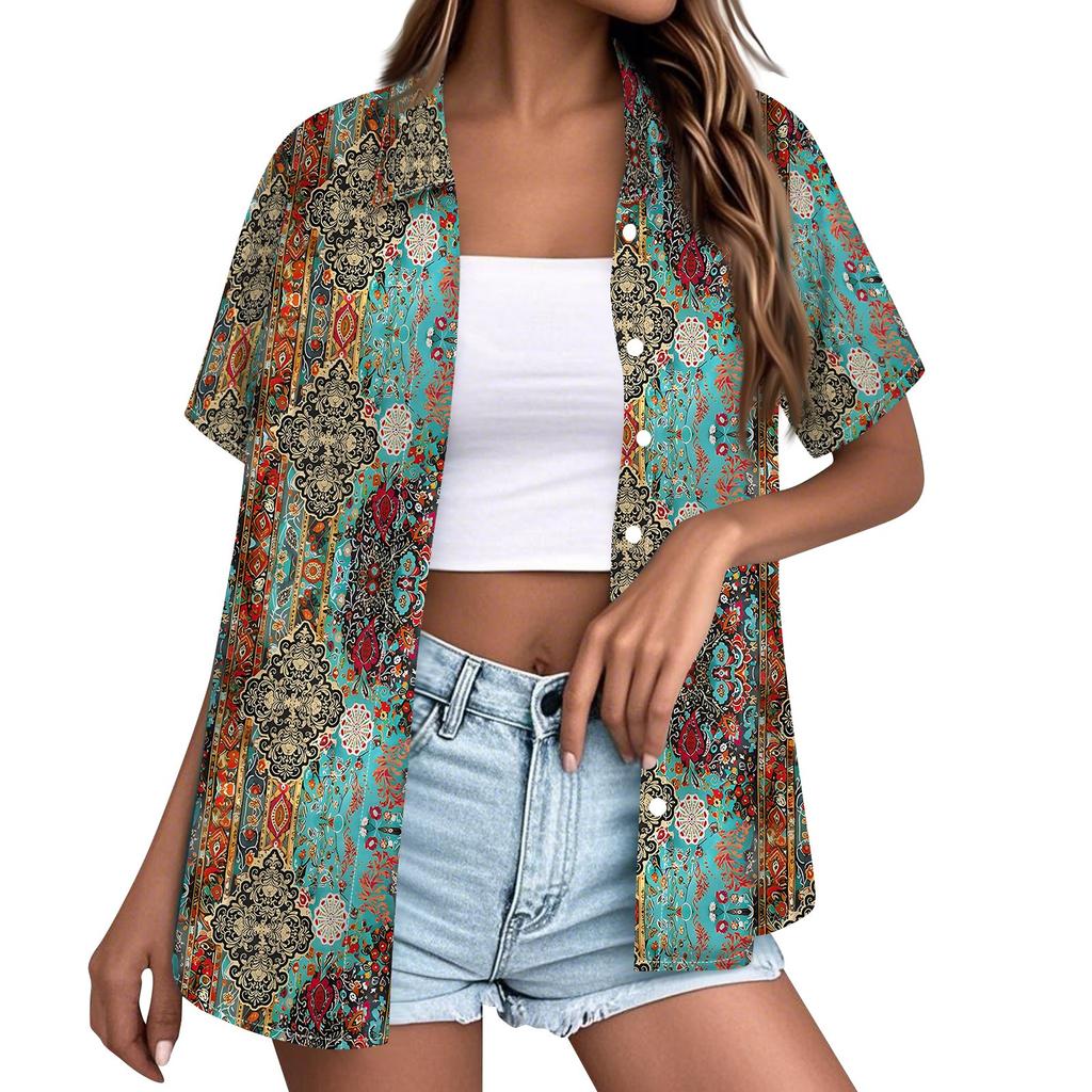 Women's Casual Short Sleeve Button Down Shirt Hawaiian Print Open Front Collar Blouse Lightweight Summer Top