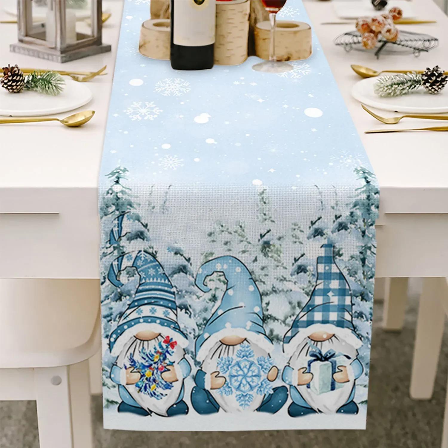 

Christmas Blue Gnomes Winter Snowflake Linen Table Runners Table Decor Reusable Xmas Dining Table Runners Navidad Decorations 13x36in 33x91cm