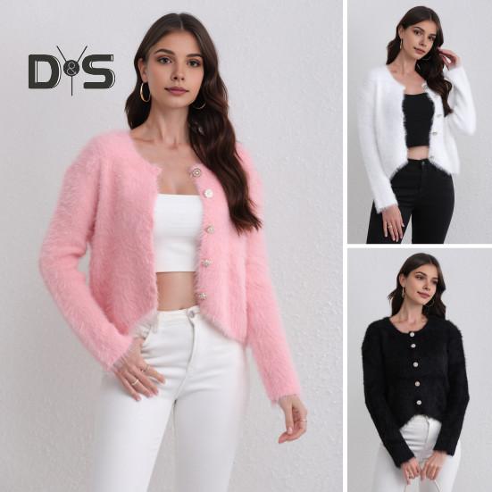 Jesień Zima Damski Kardigan Płaszcz Futrzany Pluszowy Jednorzędowy U Dekolt Długie Rękawy Pogrubiony Jednokolorowy Sztuczne Futro Dzianinowa Kurtka Sweter