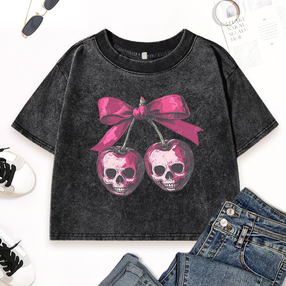 Pink Bow Skeleton Cherry Print Women Washed T-Shirt Slim Cotton T Shirts Street Hip Hop Tops Short Sleeve