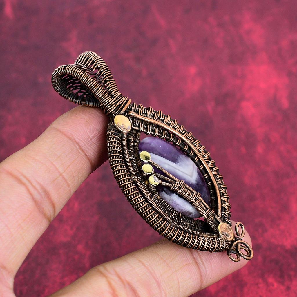 Chevron Amethyst Pendant Copper Wire Wrapped Pendant Natural Gemstone Pendant Copper Wire Wrap Jewelry Gifts for Her Handmade Dainty Pendant