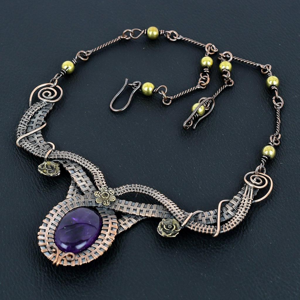 Amethyst Necklace Handmade Jewelry, 999 Copper Wire Wrapped Necklace Designer Gemstone Jewelry Adjustable Chain Necklace Gift For Mom