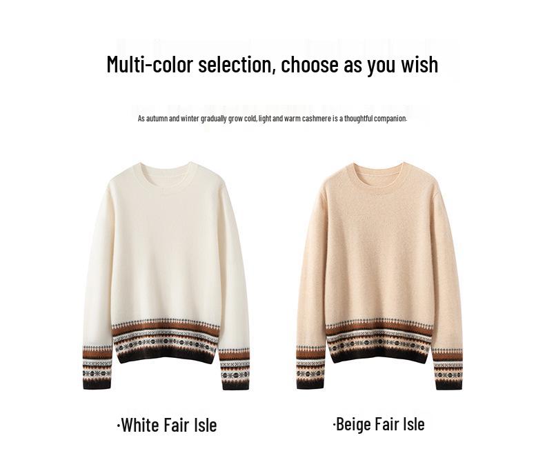 Women's Color Block Fair Isle Cashmere Sweater: Autumn/Winter 2026 Round Neck Versatile Pullover