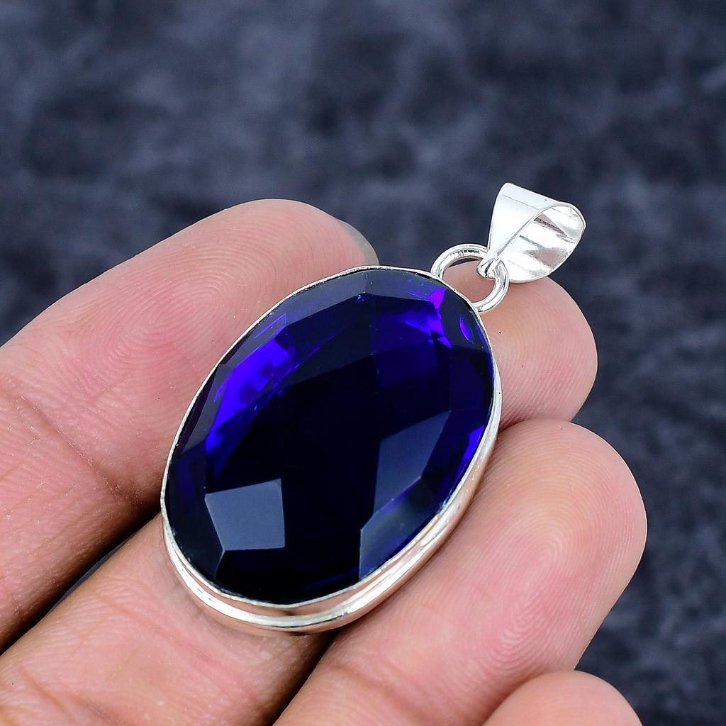 Blue Topaz Gemstone Handmade 925 Sterling Silver Jewelry Pendant 1.77" M-3251