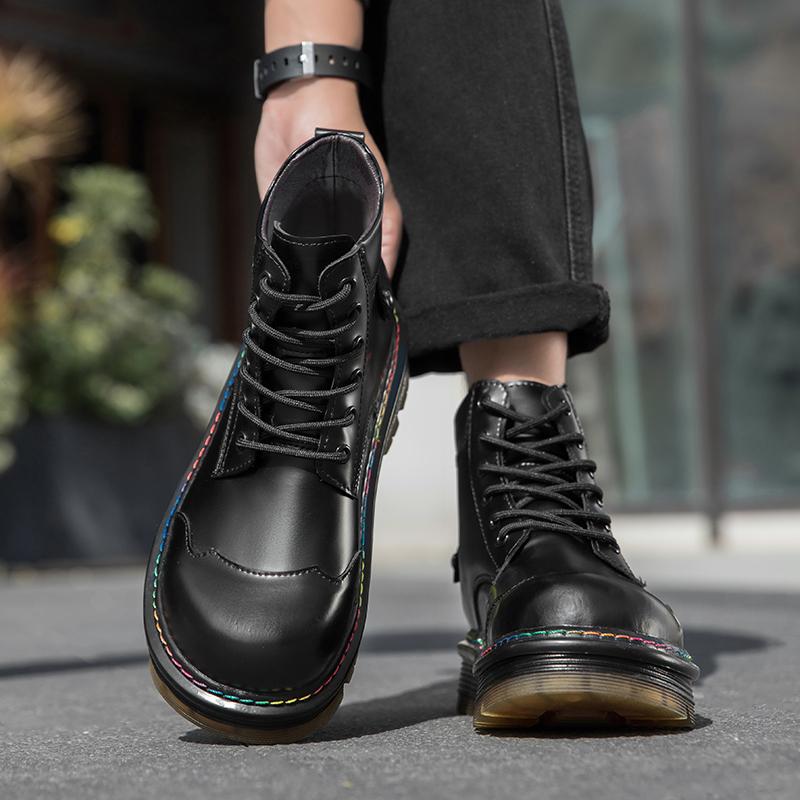Platform Men's Retro Motorcycle Boots Round Toe Thick Genuine Leather Boots British Style Chunky Platform Lace Up Short Booties