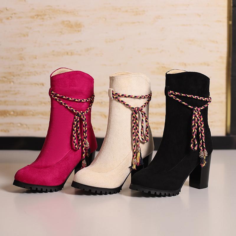 Plus Oversize 47 48 49 Autumn Winter Flock Ankle Booties Women Round Toe Platform Braided Rope High Heels Zipper Knee High Boots