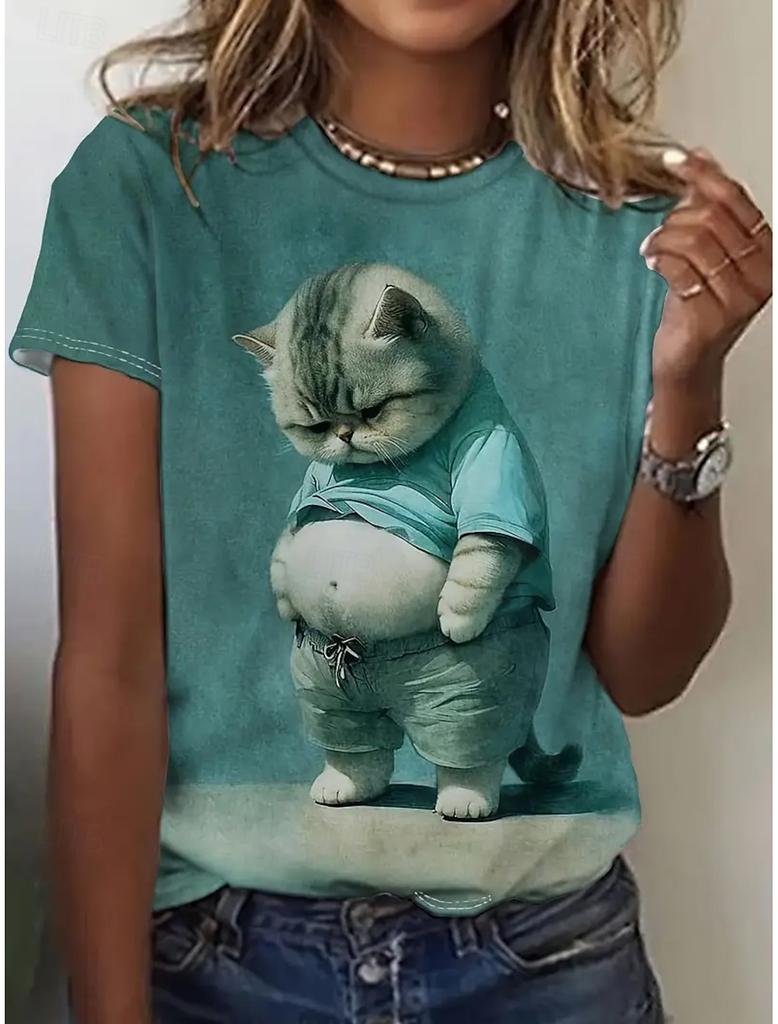 Yaz Modası Kadın Tişört kawaii Hayvan Şık Baskılı Günlük Kısa Kollu Bisiklet Yaka Tişörtler Yuvarlak Yaka Normal Üstler