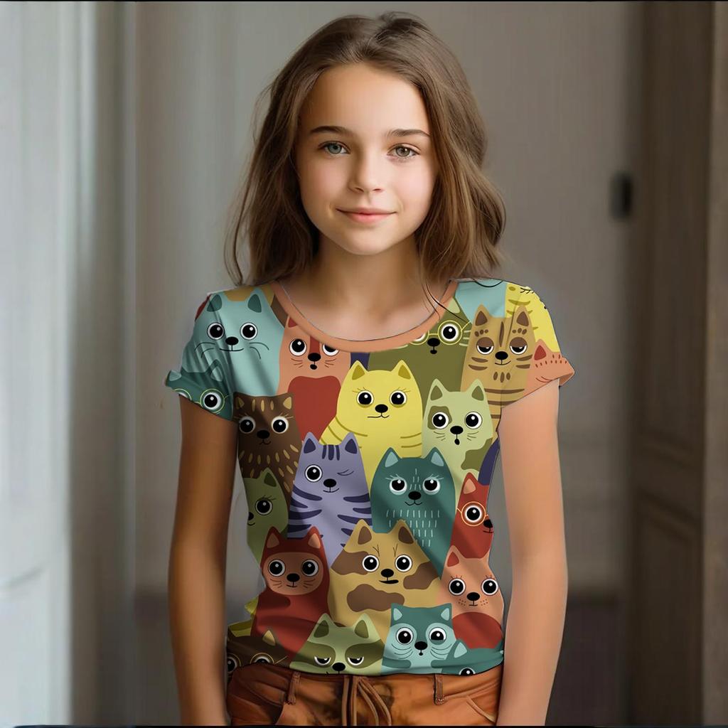 Girl Clothes Summer Cartoon Cat Graphic Children's Clothing Kids Art Doodling Short Sleeve T Shirt Causal O-Neck Children Top
