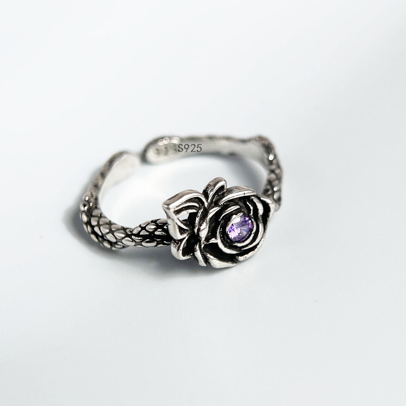 

925 Sterling Silver Rings for Women Couple Minimalist Retro Rose Purple Stone Ring Fine CZ Jewelry Birthday Gift Prevent Allergy resizable