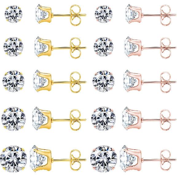 10 Pairs Stud Earrings for Men Women Hypoallergenic Stainless Steel Earrings Studs Clear Round CZ Earring Studs Cartilage Helix Tragus Earring Set