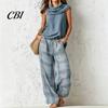 Relaxed Fit Drawstring Pants Women Top 2-Piece Set, Summer Ruffle Mock Neck Sleeveless Lightweight Outfits & Plaid Wide Leg Pants, Vintage Loose