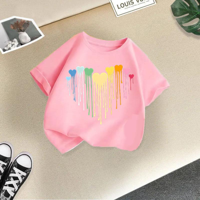 New Girls' Short Sleeved Children's T-shirt Fireworks Printed Versatile Middle and Small Children's Top Summer Fashion