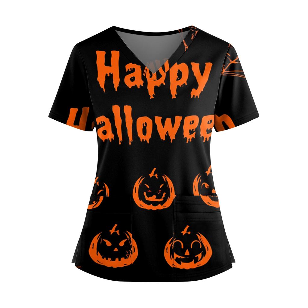 Women's V Neck Casual Halloween Print Top for Caregivers Short Sleeve Comfortable Fit Lightweight Fabric Workwear
