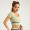 Juyitang Women's Yoga Set: Nude Navel-Baring Short Sleeve with Chest Pads, Color-Matched Fitness Wear.