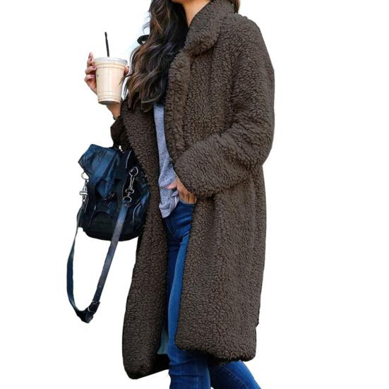 Women Winter Thicken Plush Lapel Solid Color Long Sleeve Warm Cardigan Midi