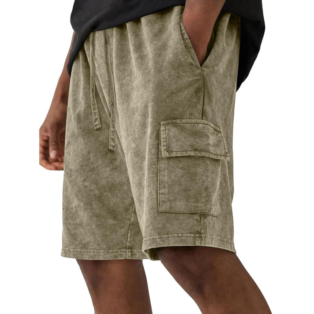 Men's Casual And Fashionable Water-washed Cotton Loose-fitting Shorts - Men's Multi-pocket Workwear Drawstring Shorts