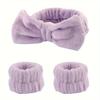 Olid Color Bow Headband Set Women's Face Wash Beauty Makeup Headband Wristband Flannel Hair Accessory Headband Face Wash Headband Wristband