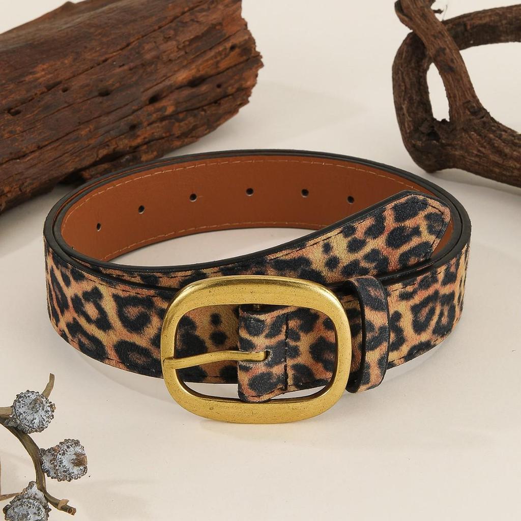 Women's Fashionable Leopard Print Leather Belt with European Style Metal Buckle