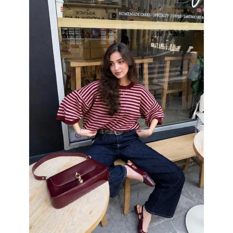 Women Loose Fit Crew Neck 3 4 Sleeve Striped Knit Sweater