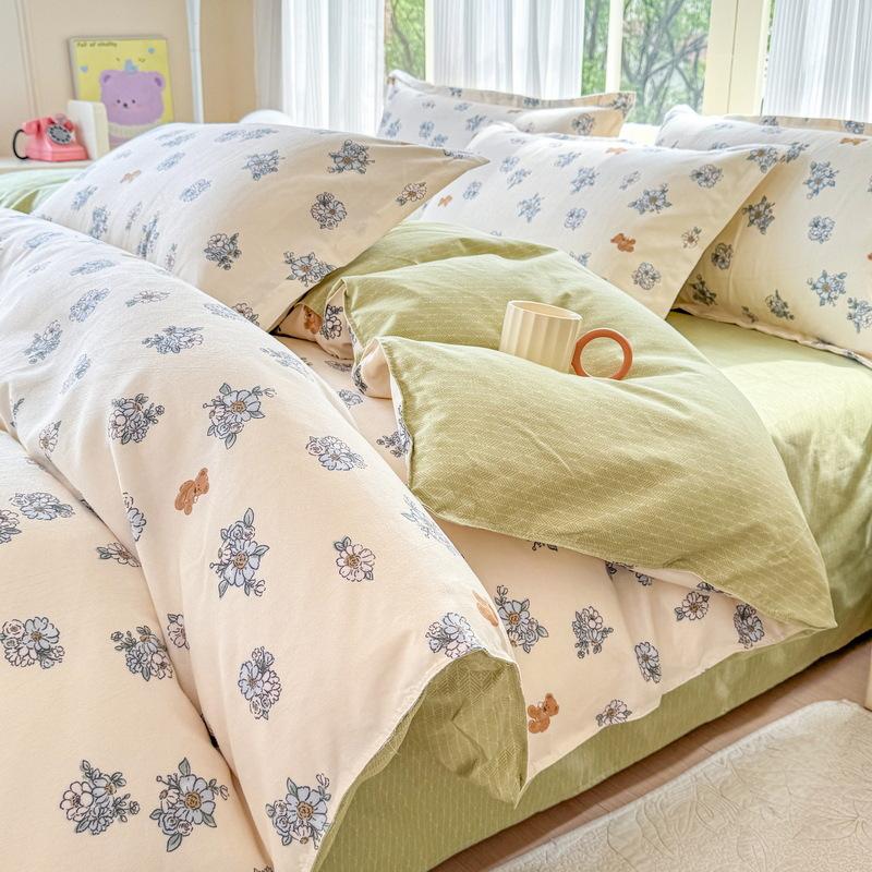 Cotton 4-piece Set Thickened Brushed Fresh Cotton Bed Sheet Quilt Cover Hats Models Dormitory 3-piece Set