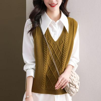 Vestă Solidă cu Gât în V, Tricot Cablu, Pulover Larg Fără Mâneci Vintage, Îmbrăcăminte pentru Femei