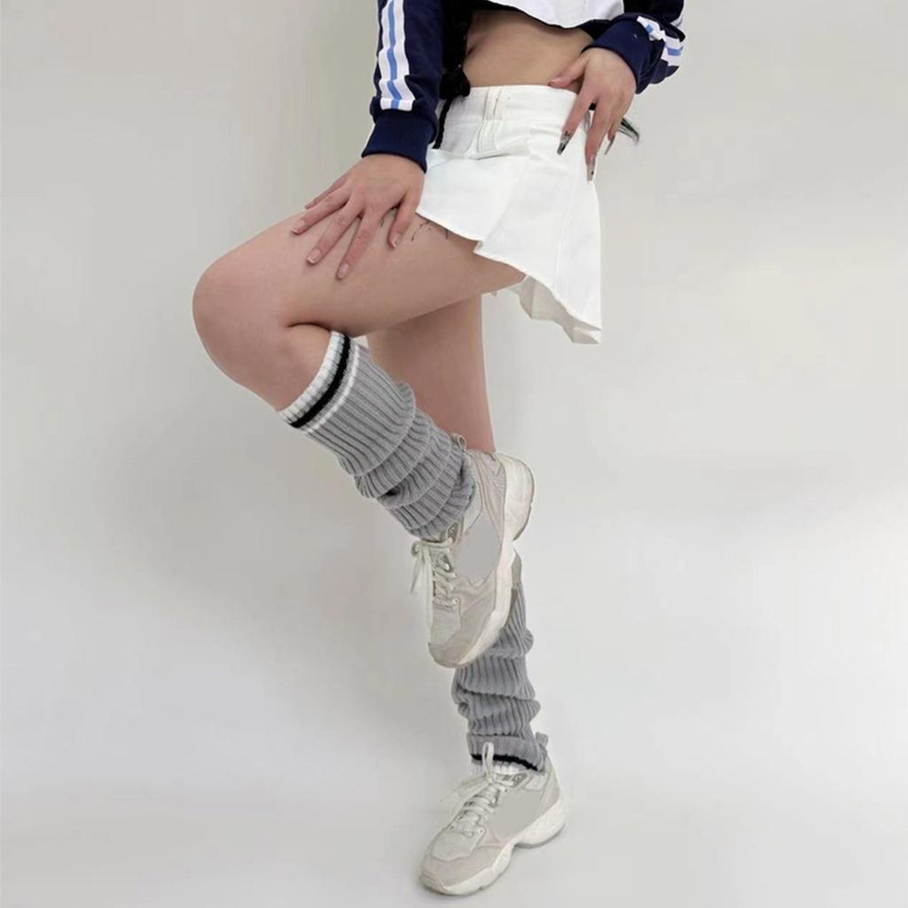 Women Ribbed Knit Leg Cover Preppy Double Striped Slouch Leg Warmers Long Socks
