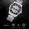 Tevise Men's Skeleton Automatic Watch Silver Stainless Steel Luxury Waterproof Luminescent Diamond Roman Numerals Dial Gold and Blue