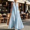 Sommer-Maxikleid für Damen, lässig, ärmellos, Neckholder, V-Ausschnitt, Revers, langes Kleid, Strandurlaub, fließendes Sommerkleid mit Taschen