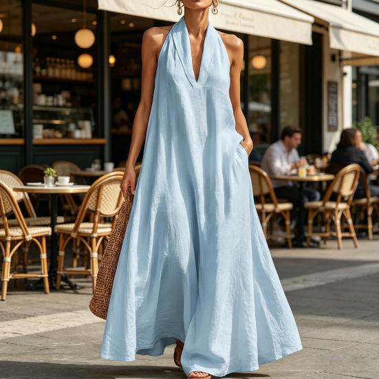 Sommer-Maxikleid für Damen, lässig, ärmellos, Neckholder, V-Ausschnitt, Revers, langes Kleid, Strandurlaub, fließendes Sommerkleid mit Taschen