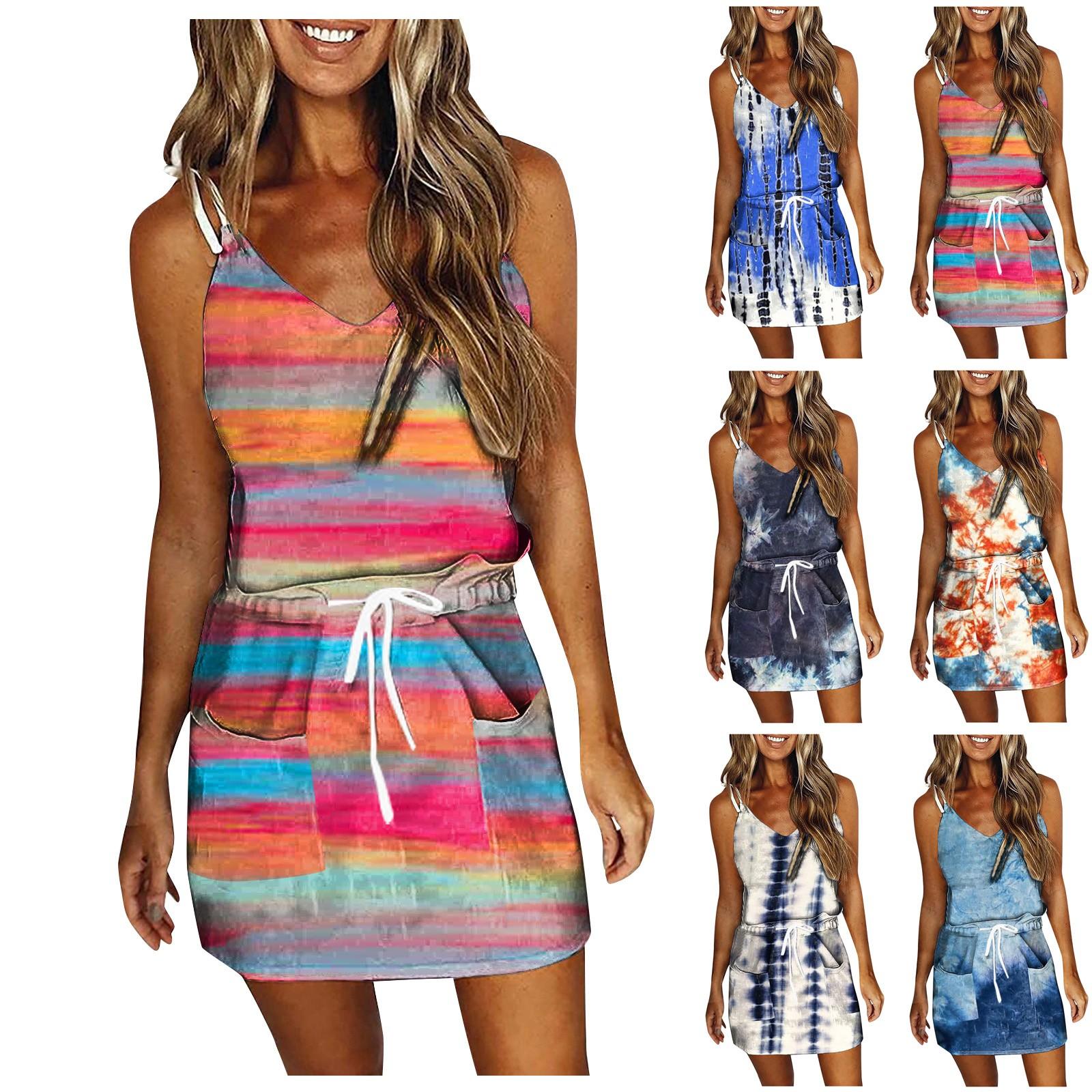 

Женское летнее свободное платье с V-образным вырезом и карманом без рукавов с принтом тай-дай M тёмно-синий